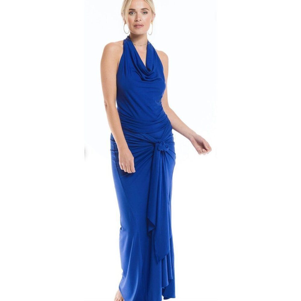 Rinascimento Women Royal Blue Cowl Neck Halter Maxi Dress Size M